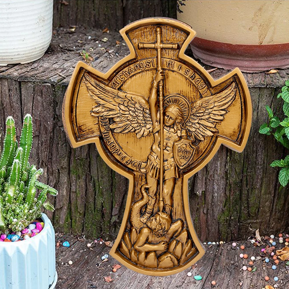 

Saint Michael Archangel Slaying Demon Statue Sculpture Cross Figurine Resin Ornament Home Office Desk Bedroom Decoration Gift