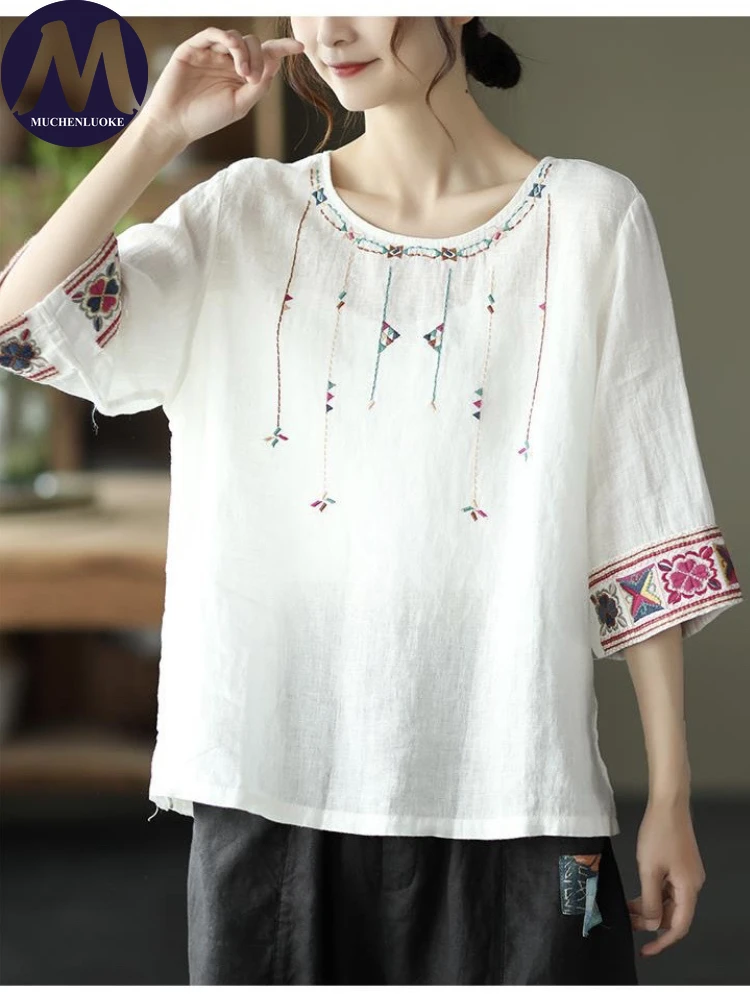 

Модная женская блузка, новинка лета 2023, футболки в этническом стиле с вышивкой и круглым вырезом, повседневные элегантные свободные женские топы с рукавом до локтя