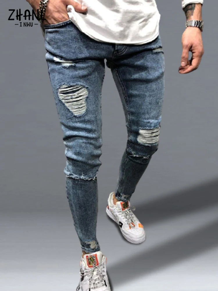 New Men's Jeans Slim Fit Stretch Jeans Men's Hip-Hop Four Seasons Blue Denim Casual Sports Pencil Pants Fashion Ripped Pants Men