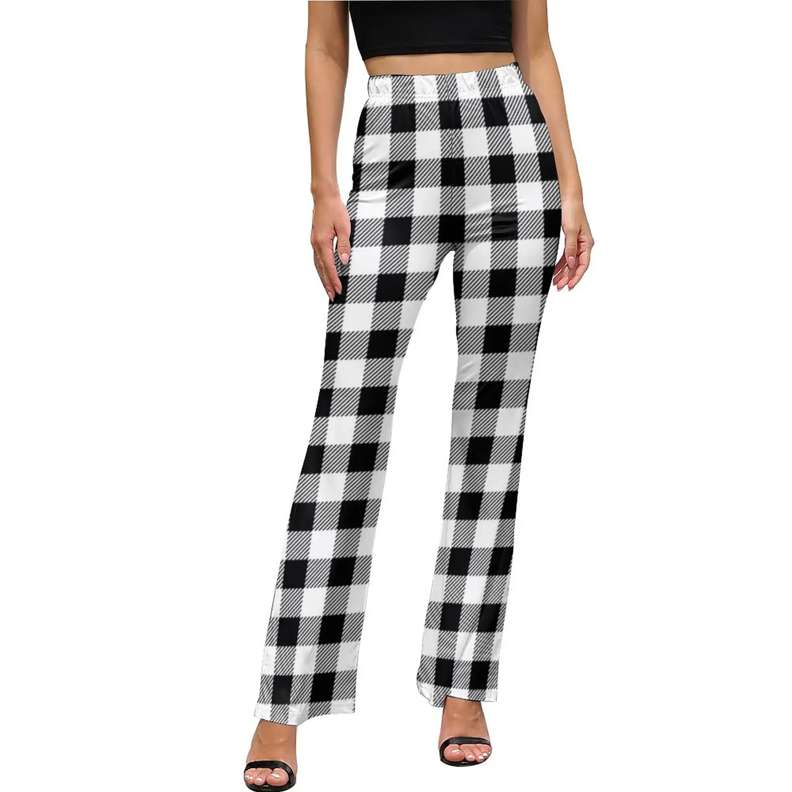 

Checkerboard Print Pants White Black Plaid Elastic Waist Casual Flared Trousers Summer Print Street Fashion Pants Birthday Gift