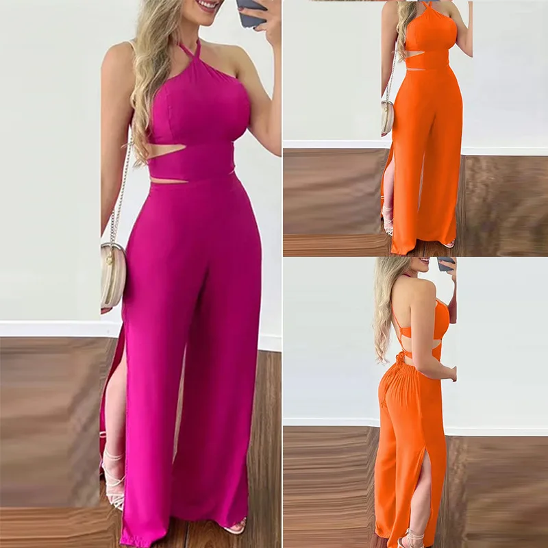 

Elegant women's sexy backless jumpsuit 2022 summer fashion halter neck solid color split wide-leg pants casual jumpsuits S-XXXL