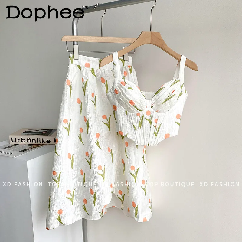 

Женский летний костюм из двух предметов с юбкой с принтом, Милая женская юбка-трапеция и юбка с высокой талией, Универсальный комплект из 2 п...