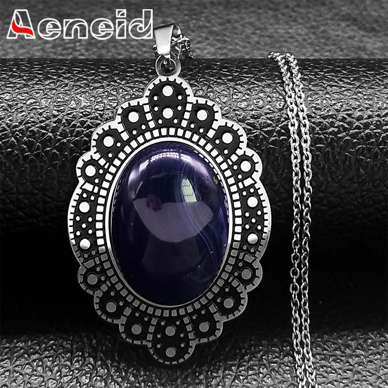 

Vintage Stainless Steel Pendant Necklace for Women Purple Natural Stone Flower Antique Bohemia Necklaces Boho Party Jewelry Gift