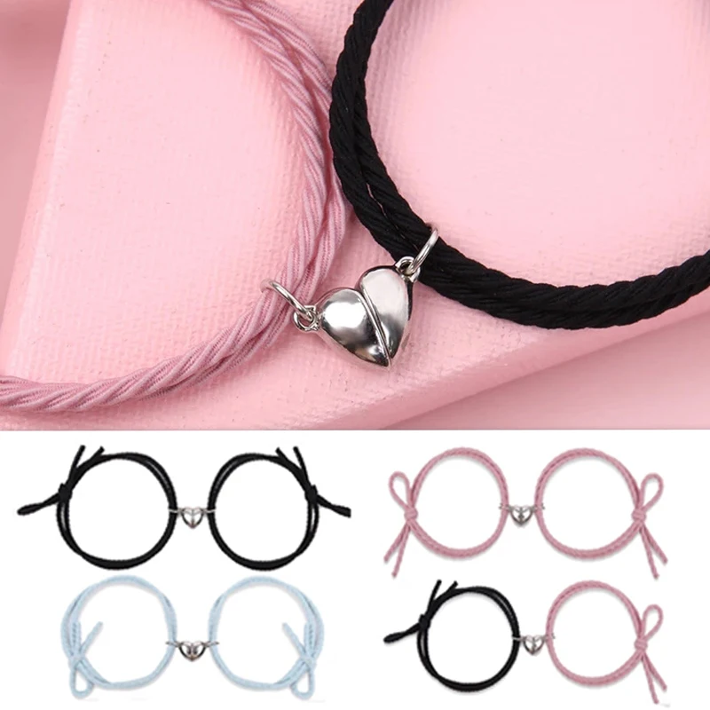 

2pcs Couples Magnetic Bracelet Stainless Steel Love Heart Pendant Charm Couple Bracelets For Lover Friend Braid Rope Bracelets