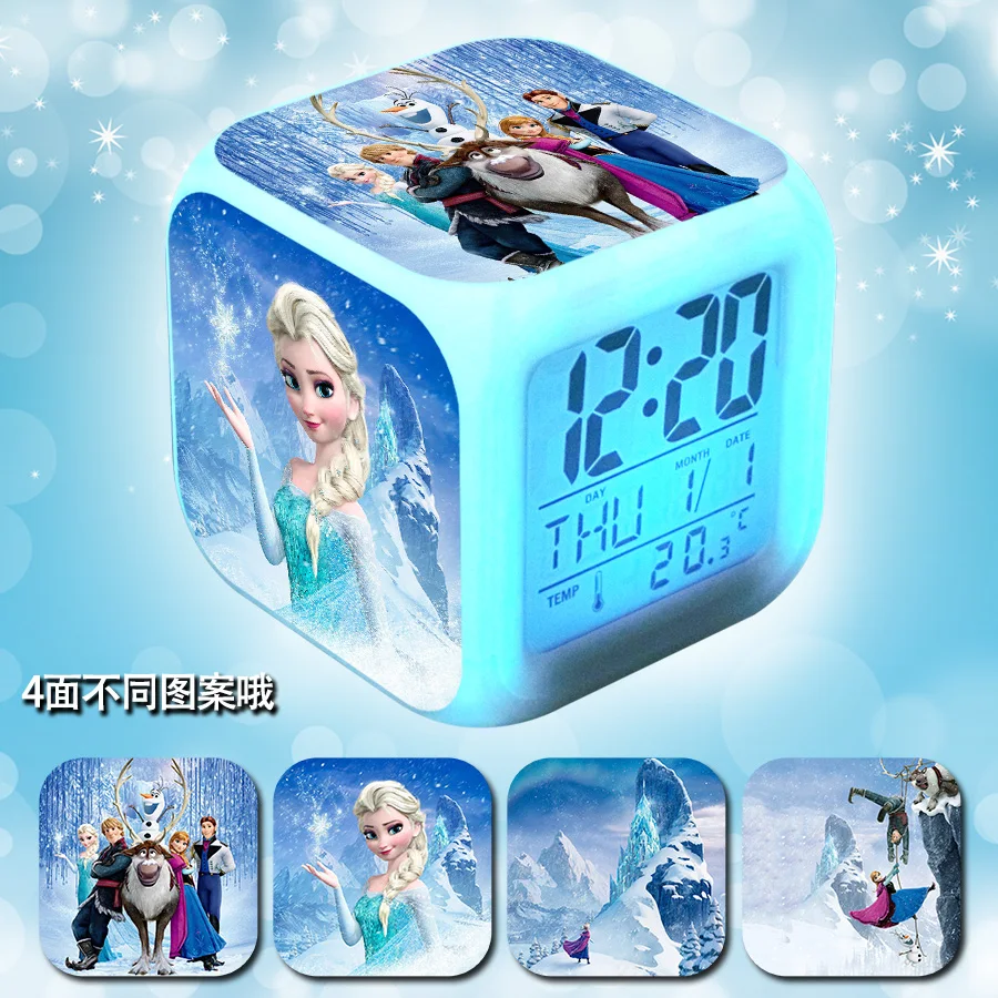 

Disney Frozen Alarm Clock Anime Movie Character Aisha Anna Colorful discoloration Square Clock Rechargeable Birthday Gifts