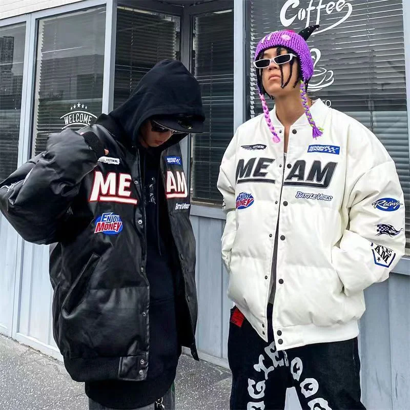 American Retro Embroidered PU Leather Thickened Baseball Jacket High Street Vibe Hip-hop Loose Clothes Winter Coat Men Streetwea
