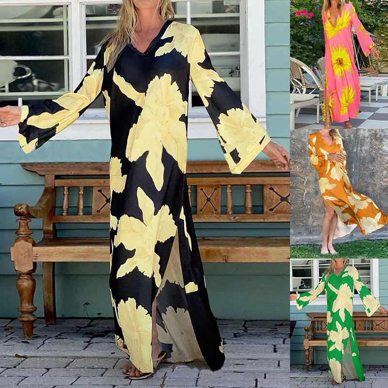

2023 Casual Women's Printed Loose Long Sleeve Slit Shirt Dress