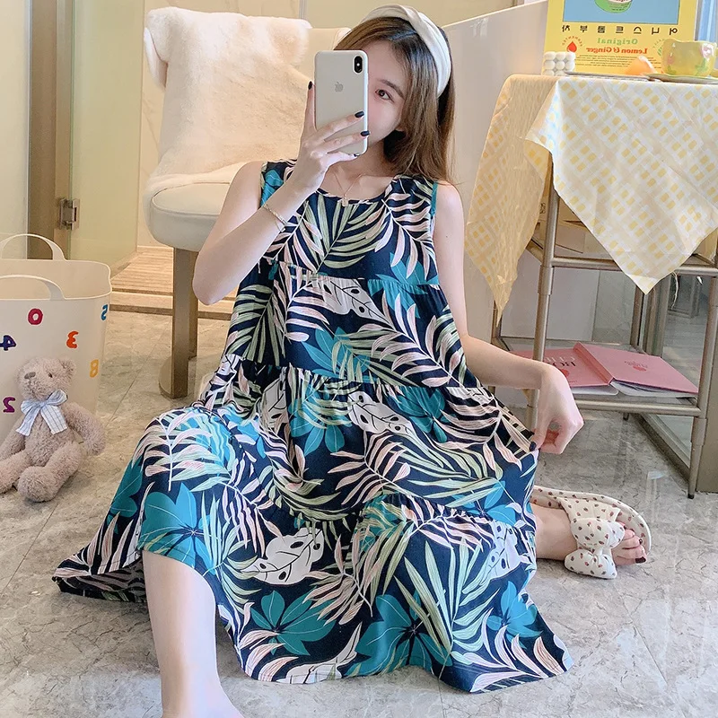 

girl Cotton Silk Vest Nightdress Women Summer Thin Section Suspenders Printed Pajamas People Cotton Princess Style Home Clothes