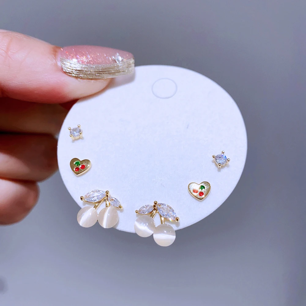 Высококачественные 3-парные серьги-гвоздики с камнем кошачий глаз и вишней для