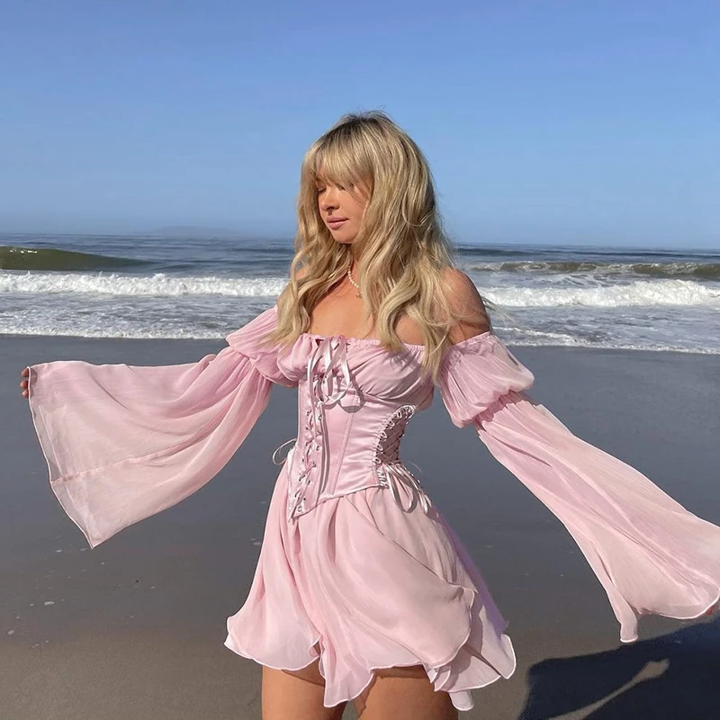 

Women Fairy Pink Chiffon Mini Dress Chic Bandage Corset Vintage Long Puff Sleeve Sundress Slash Neck Bridesmaid Bodycon Beach