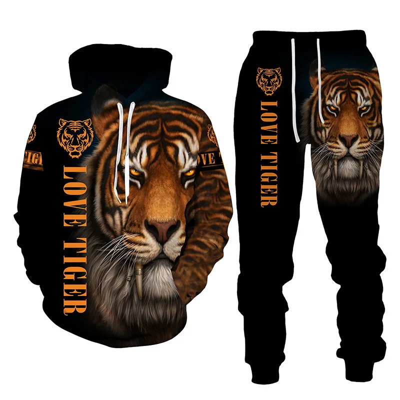 2023 Spring and Autumn Lion Tiger 3D Digital Print Hooded Sweater Men's Hooded Sweater Set Hoodie+Pants 2 Piece Set High Quality