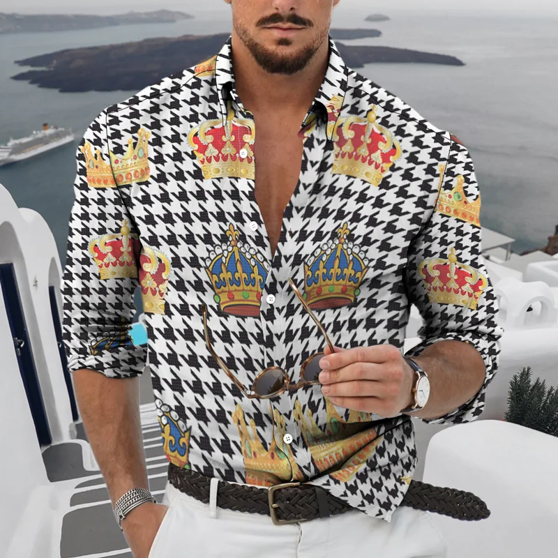 Men's 2022 Retro European American Business Clothing Casual Fashion Printed Shirt Single-Breasted Cardigan Long Sleeve Shirt