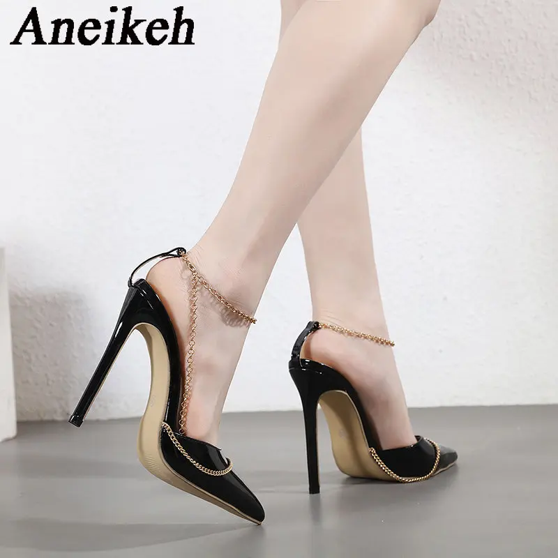 

Aneikeh женские лакированные кожаные туфли с ремешками на цепочке на тонких высоких каблуках 2023 весенне-летние модные пикантные свадебные туф...