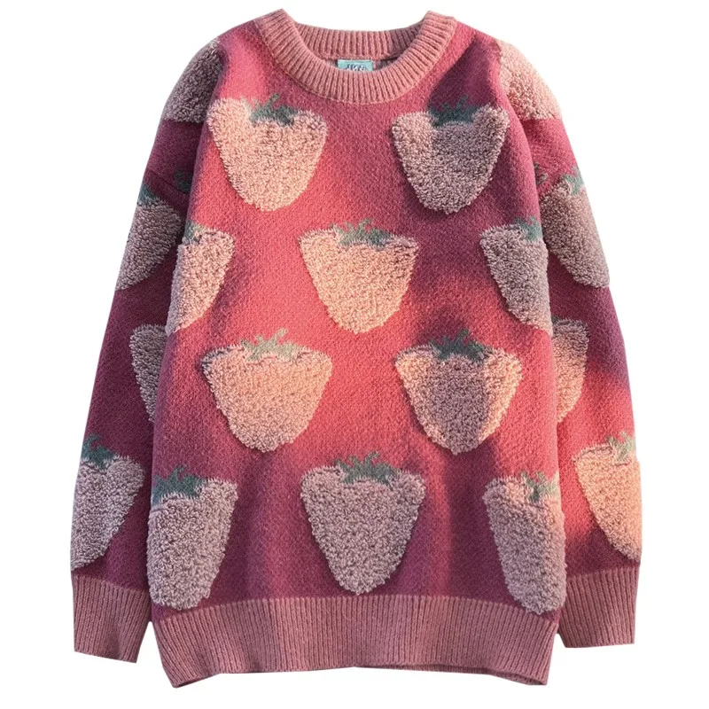 

Fashion High Sense Autumn Winter Loose Female Knitwear Lazy Soft Pink Honey Peach Harajuku Flocking Women Sweater Sweet Pullover