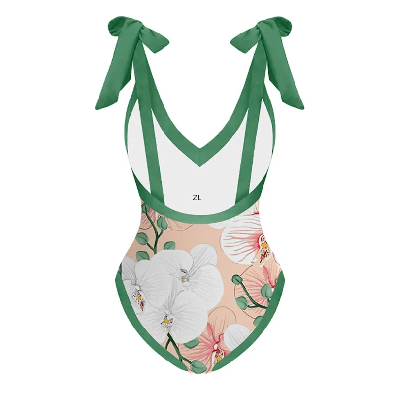 Print Lace-Up Panel One-Piece Swimsuit Sexy V Neck Push Up Bikini Backless Bow Straps Elegant Cover Up Beach Suit Push Up Chic