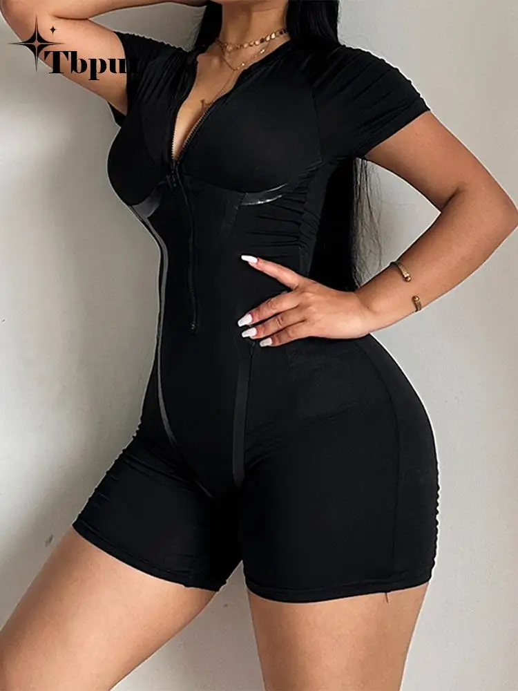 

Женский спортивный комбинезон на молнии, черный облегающий комбинезон с V-образным вырезом и коротким рукавом, весна 2019