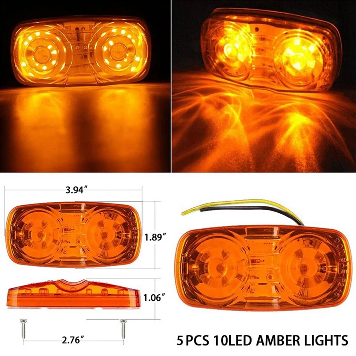 5X Amber Led Camper Exterior Lights RV Trailer Marker Double Bullseye Side Fender 10 Diodes