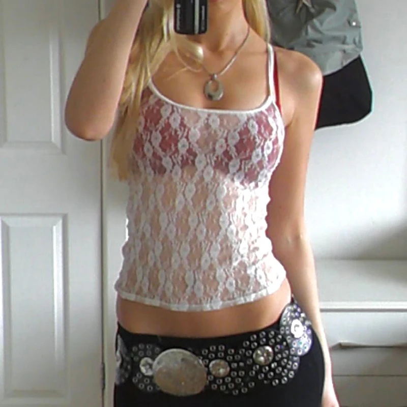 

Maemukilabe Floral Lace Mesh Sheer Camis 90s Vintage Y2K Fairycore Backless Crop Tops Spaghetti Strap Top Women Summer Vest