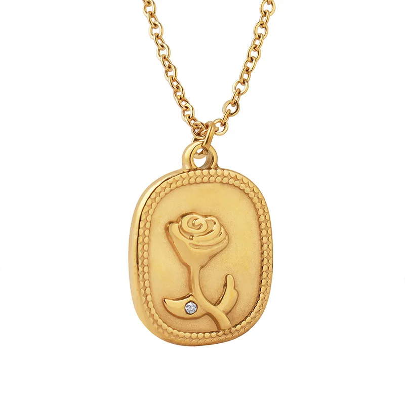 

2022 Exquisite Embossed Flower Rose Pendant Necklace for Women Gold Plated Stainless Steel Texture Collar Waterproof Jewelry