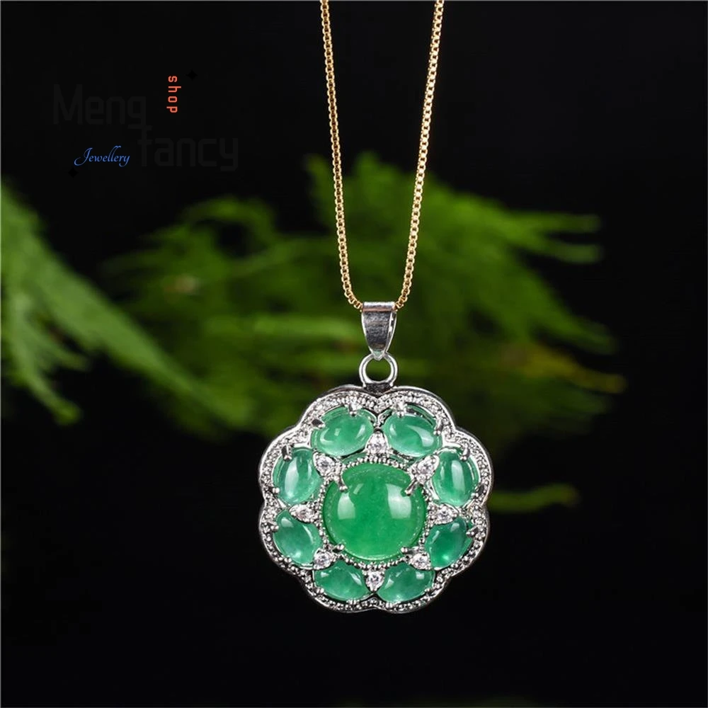 Natural Dry Green Jadeite Egg-Shaped Pendant S925 Silver Inlay Exquisite Charm Fashion Luxury Jewelry Best Selling Holiday Gift