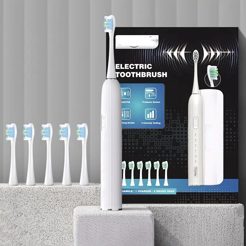 

Adult USB Ultrasonic Electric Toothbrush With Six Brush Heads And Travel Case Five Modes Adjustable Vibration Intensity