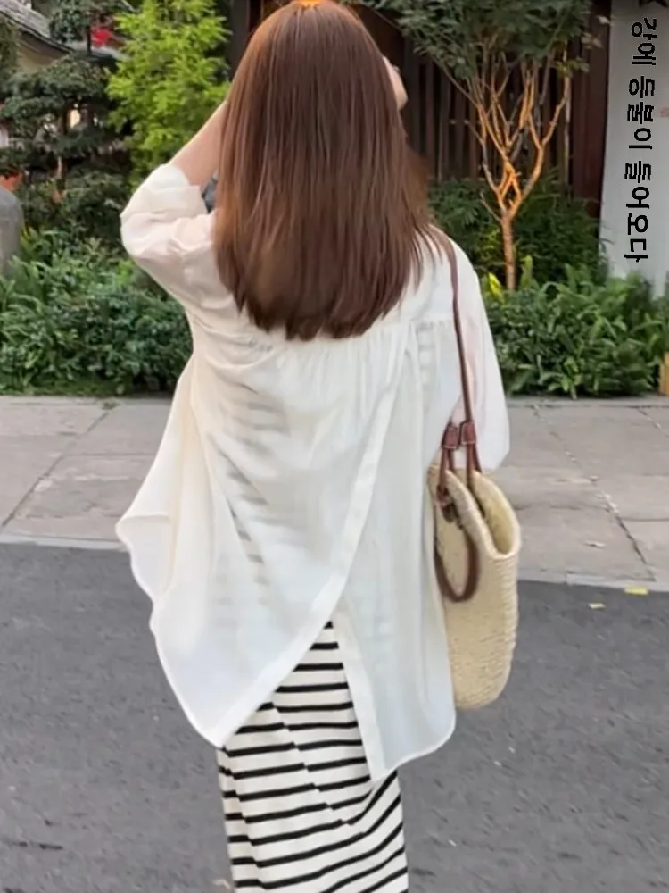 Thin Back Slit Sunscreen Shirts Women Summer 2024 New Stripe Vest Dress Outdoor Cardigan Two-piece Set