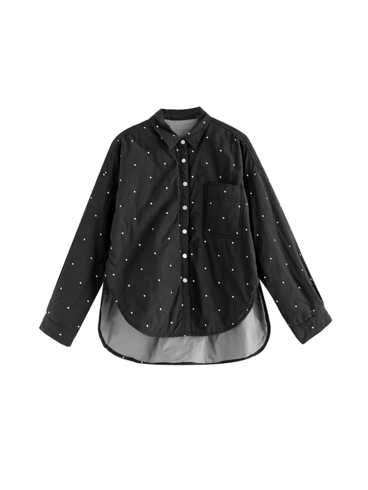 Осеннее стеганое хлопковое пальто большого размера женское в горошек с принтом