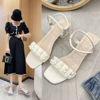 fairy wind sandals crystal transparent slippers womens 2022 summer new french square head pearl thick heel high heels sandals