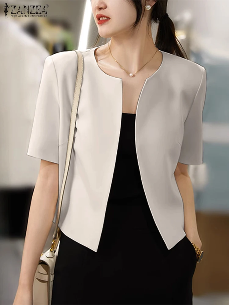 

2023 ZANZEA Summer Blouse Women Elegant Solid OL Thin Blazer Casual Short Sleeve Open Front Cardigan Fashion Work Shirt Mujer