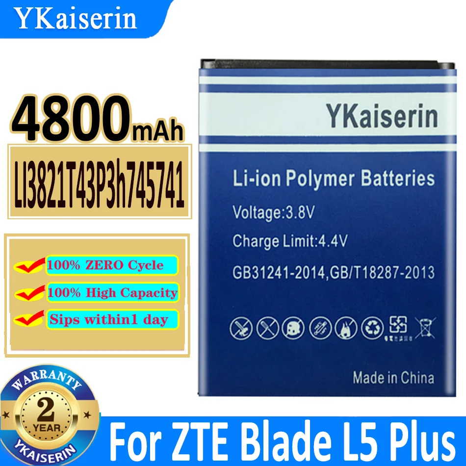 

Аккумулятор ykaisсеребрин для телефона ZTE Blade L5 L 5 PLUS L5PLUS C370 4800 мАч Li3821T43P3h745741, аккумулятор высокого качества