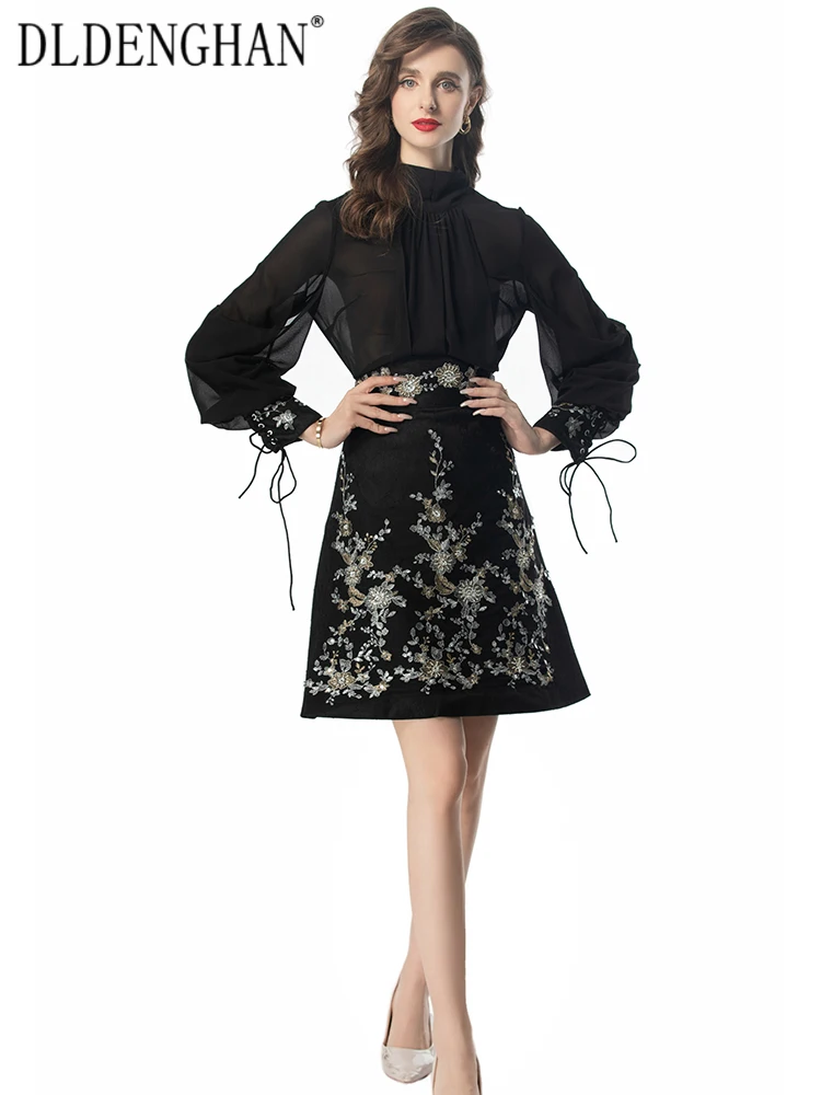 Летний костюм DLDENGHAN с вышивкой блестками женские топы воротником-стойкой и