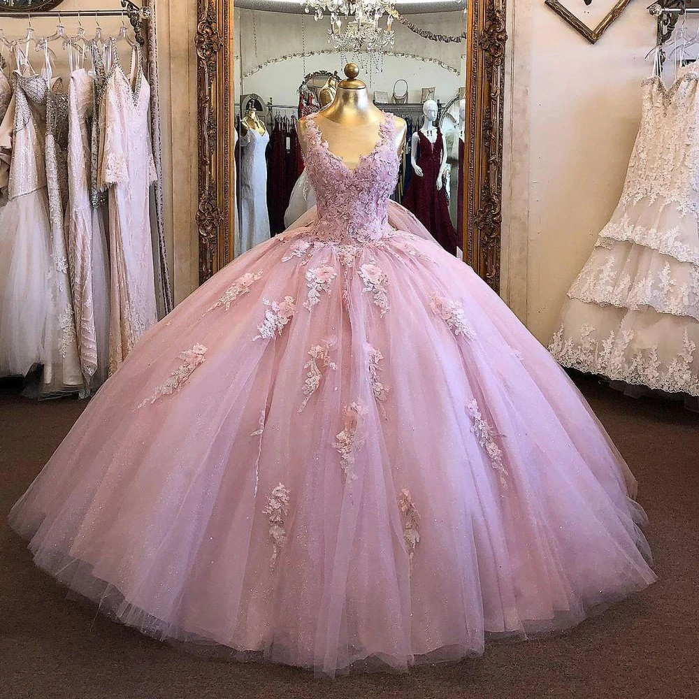 

Fashion Dusty Rose Pink Ball Gown Prom Quinceanera Dresses V neck 3D Floral Flowers Applique Tulle Party Evening Dress