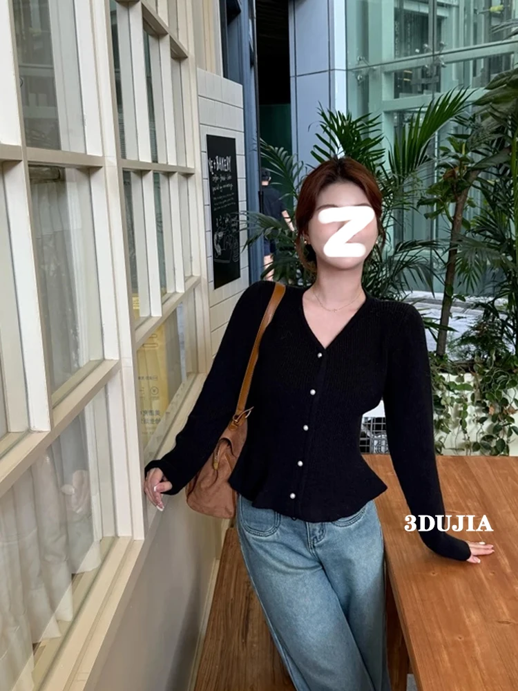 Elegant High Sense Black V-neck Cardigan sweater Women Autumn and Winter New Frill Waist Hugging Slimming Knit