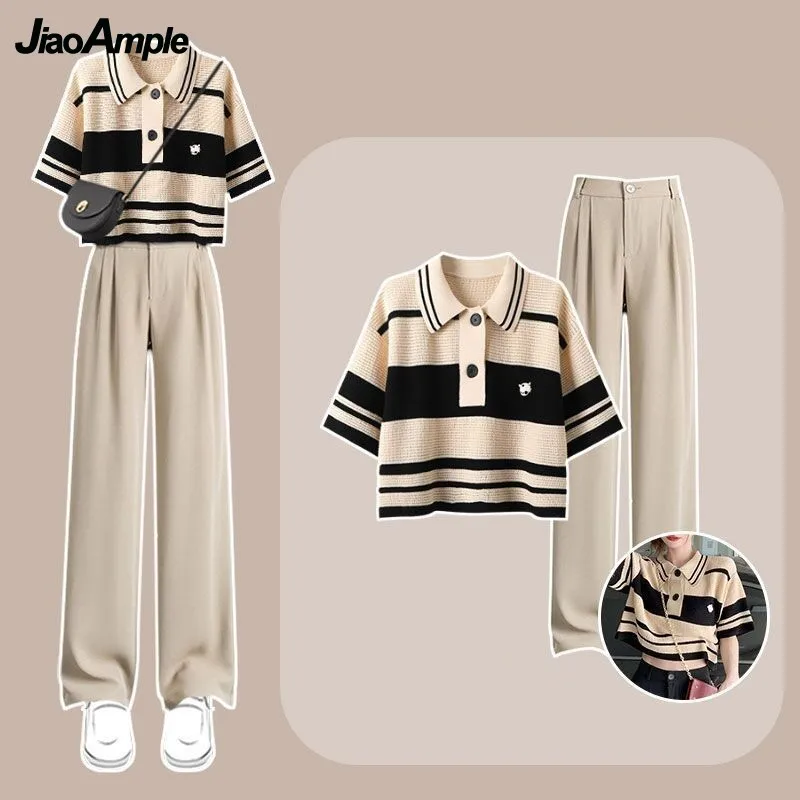 

Women's Tracksuit 2023 Summer New Chic Polo Stripe Short Sleeve Top+Suit Pants Two Piece Korean Elegant Casual Matching Set