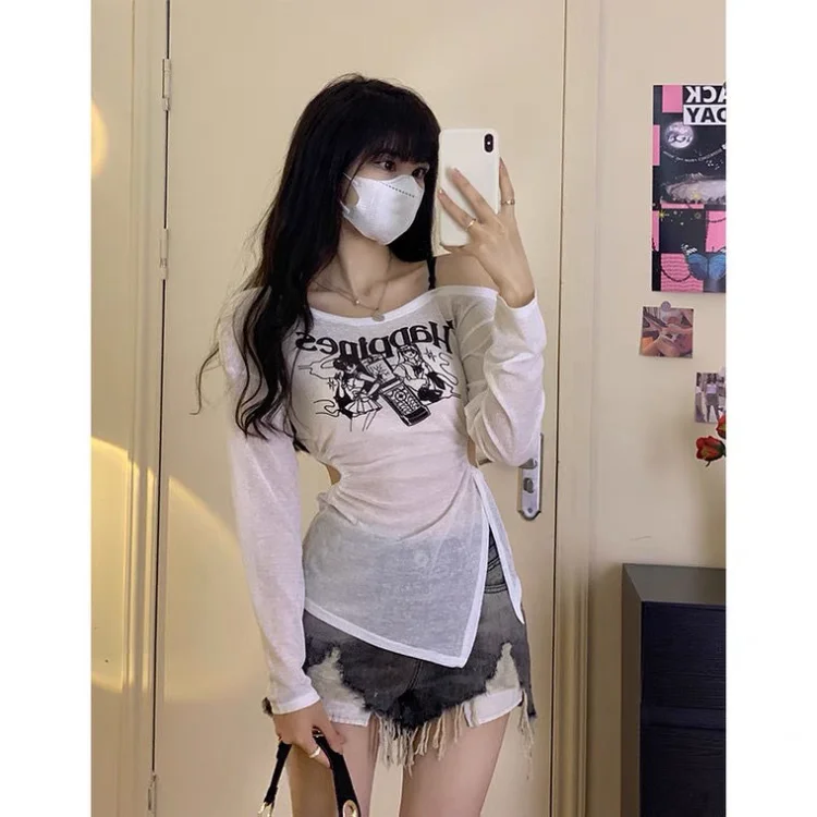 

Korean Kpop Skew Collar Print Split T-shirt Summer Thin Sun Protection Tops Women Y2k E-Girl Slim Fit Long Sleeve Tee Shirt