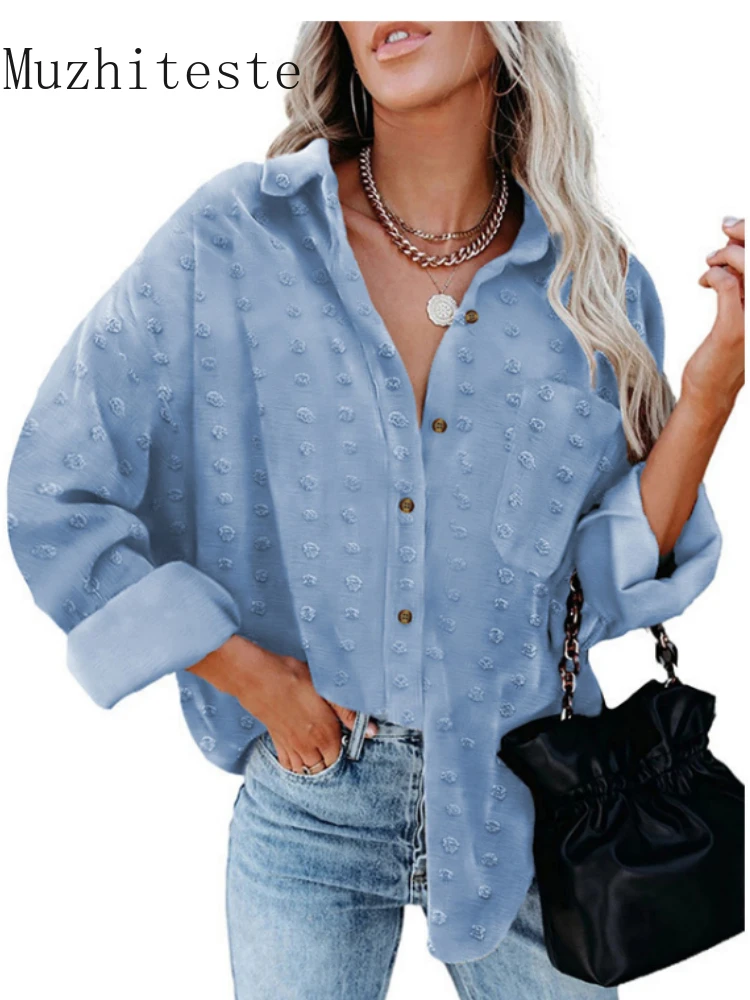 

Autumn New Pure Color Chiffon Jacquard Polo Long Sleeve Shirt Button Loose Cardigan Top Women's Wear Blouse Women Womens Tops