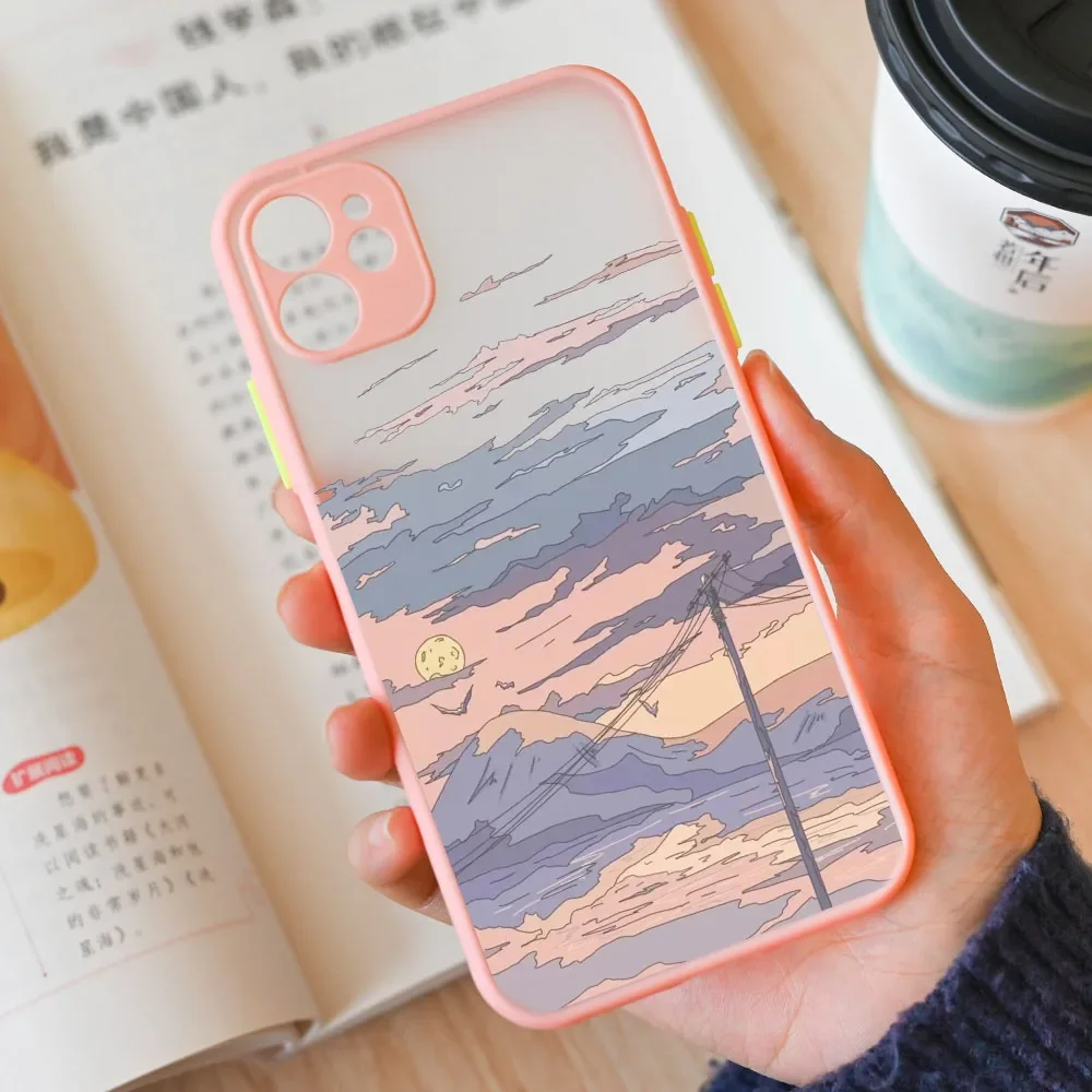 Чехол для телефона с мультяшным пейзажем iPhone 13 15 11 12 14 Pro XS Max 13Mini 7 8 Plus SE X XR матовые