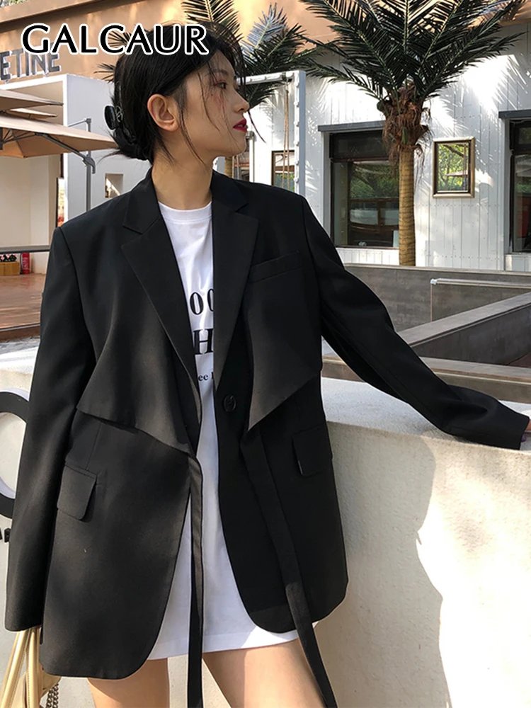 

GALCAUR Casual Black Blazer For Women Notched Collar Long Sleeve Patchwork Asymmetrical Blazers Female Fashion Clothes Style New