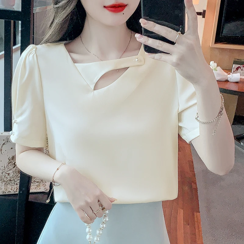 

Summer Women's Short Sleeve Half Open Collar French Bubble Sleeve Solid Color Simple Versatile Commuter Chiffon Shirt Tops A173