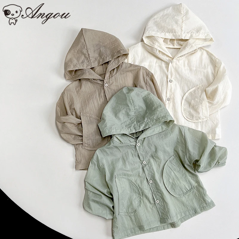 

Hooded Kids Baby Boys Girls Solid Color Shirt Baby Boys Long Sleeves Sunscreen Shirt Cardigan Korean Style Child Boys Clothes