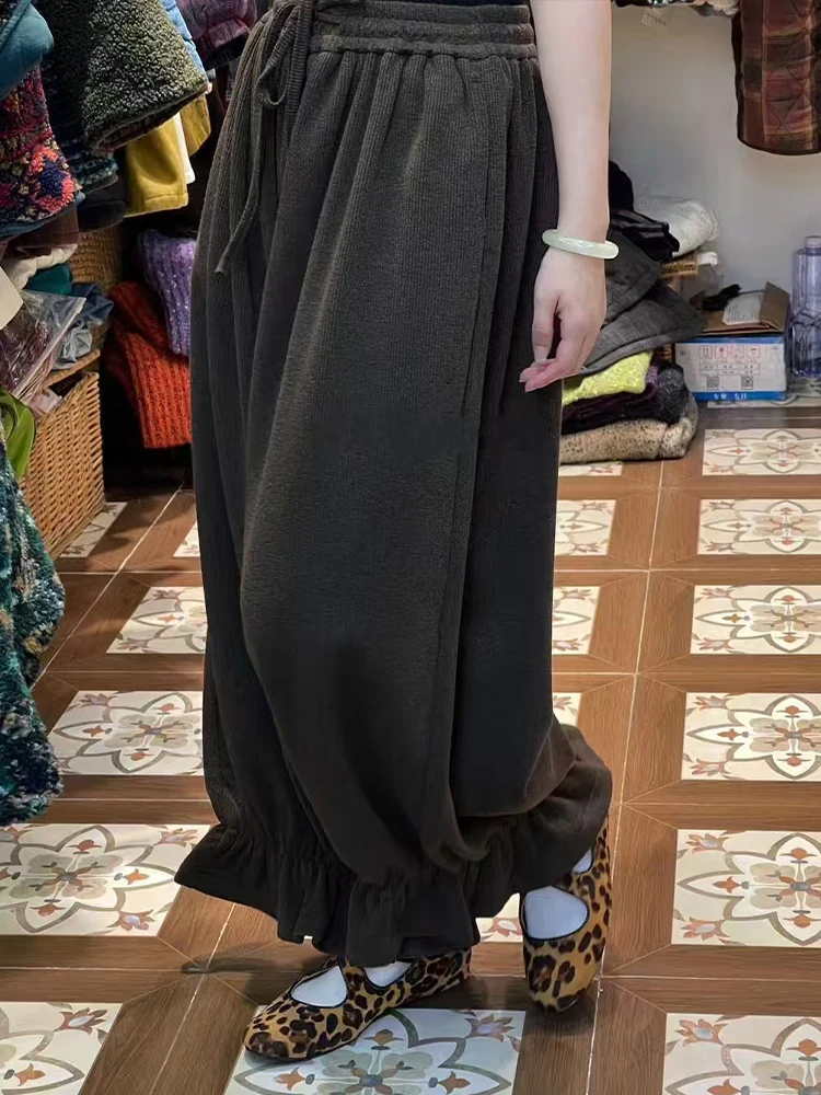 Plus Size Fleece-lined 2024 Winter Japan fashion Retro Wooden Ear Bud-Shaped Pants Women Artistic Casual Loose Meat Covering ...