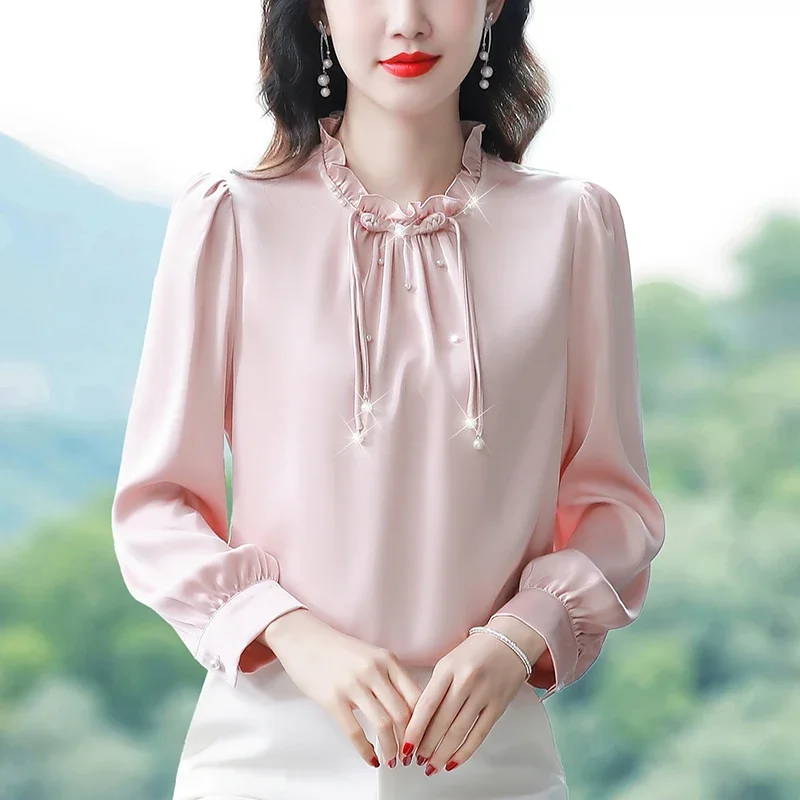 Женская шифоновая блузка с длинным рукавом воротником-стойкой