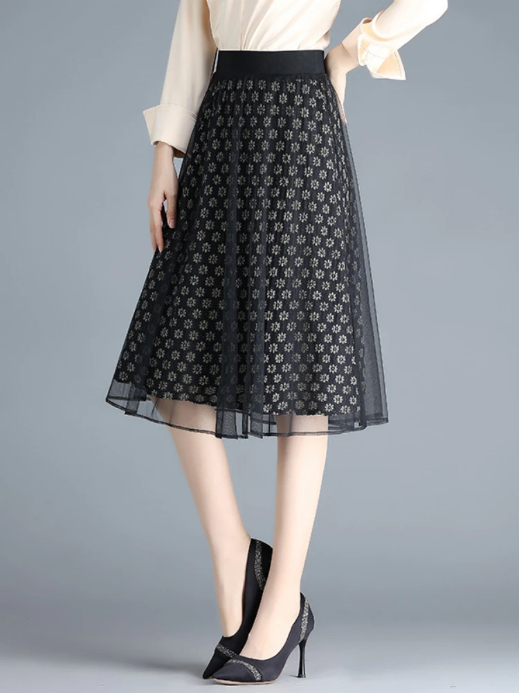 

Fashion Mesh Spliced Mid-long Floral Women Skirt 2022 Summer Office Lady Elegant Slim Elastic High Waist A-line Skirts 4XL M033