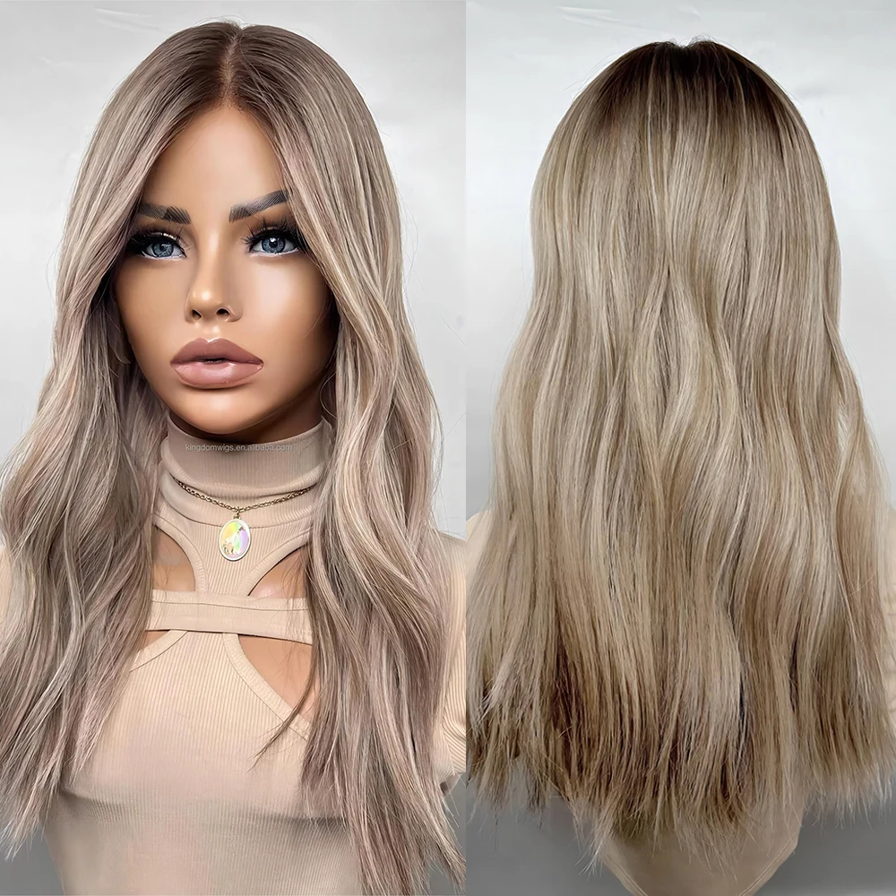 Remy Brazilian Human Hair Ashy Blonde Highlights Wig Dark Roots Natural Wave Full Lace Wigs For Women HD 13x6 Lace Frontal Wig