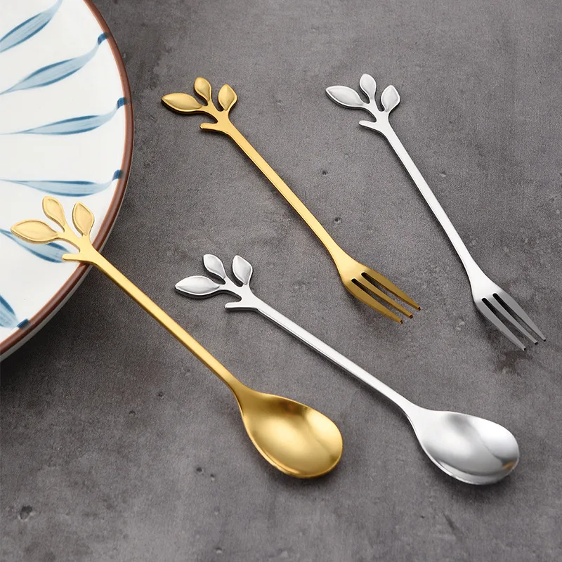 

Ice Steel Leaves Stainless Tea Spoons 6Pcs Cream Tableware Kitchen Fruit Fork Spoons Coffee Branch Stirring Golden Spoon Dessert