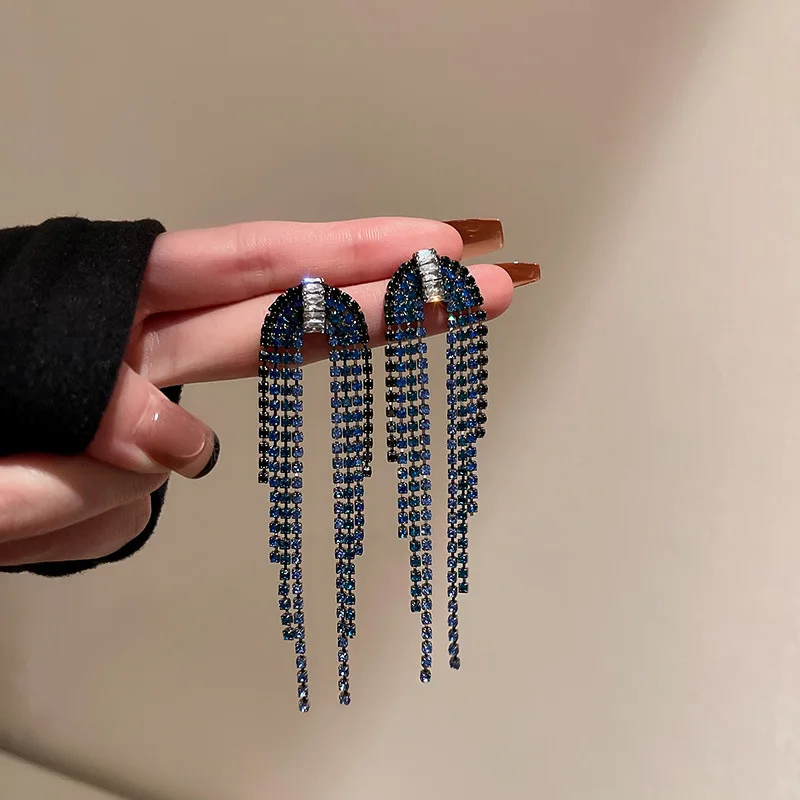 

Dark Blue Tassel Women's Earrings Statement Fashion Heavy Earring Creative Personality Long Eardrop Rhinestone Earings Brincos