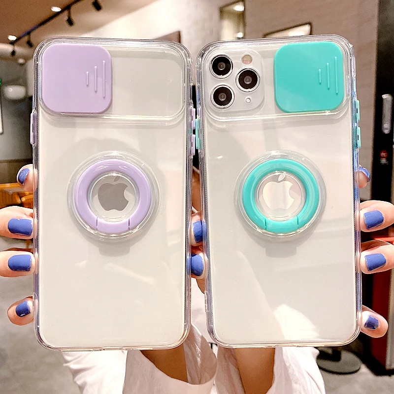 

Soft Push Pull Transparent Phone Case For iPhone 11 12 13 Pro Max 7 8 Plus XR X XS MAX SE 2020 Mini Stand Ring Bumper Back Cover