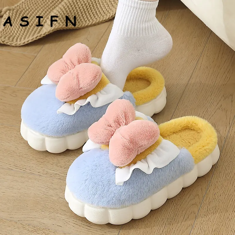 

Тапки ASIFN из хлопка для мужчин и женщин, зимние модные домашние тапочки для пар, с бантом, Нескользящие теплые, толстые, из хлопка