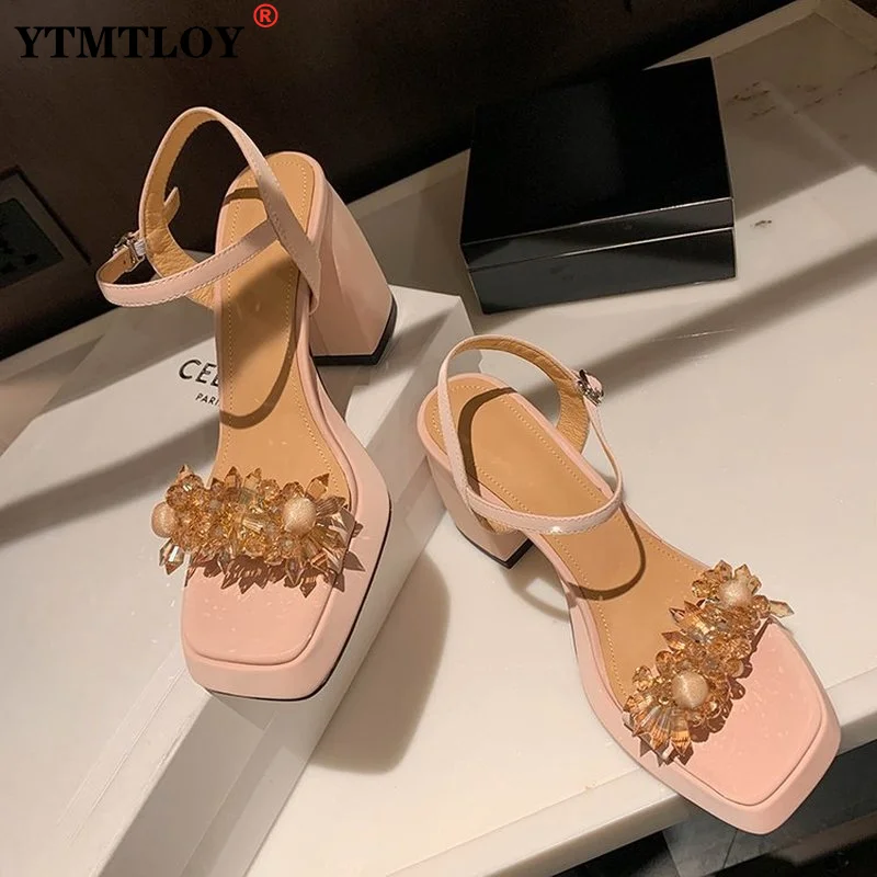 

New Women Platform Sandals Ladies Open Toe Fashion Shoes Crystal High Heels 7CM Buckle Pumps Plus 33-43 Chunky Heels 3