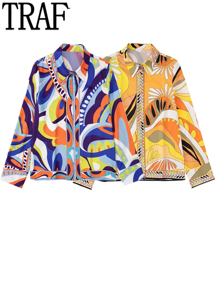 

TRAF Shirt Women Print Vintage Button Up Shirt Woman 2022 Boho Long Sleeve Top Female Fashion Streetwear Baggy Summer Blouses